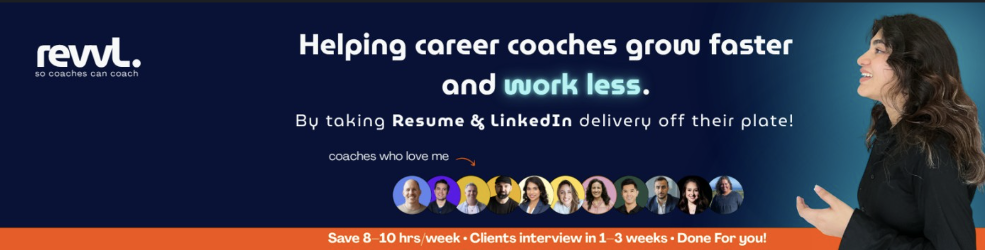Revvl banner showing the career coaches Zobia works with