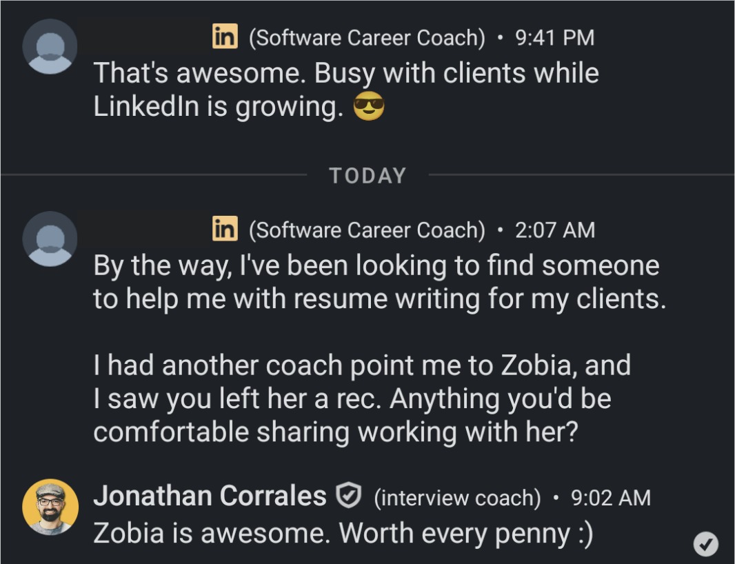 Client win screenshot 17: interview or offer after the resume rewrite