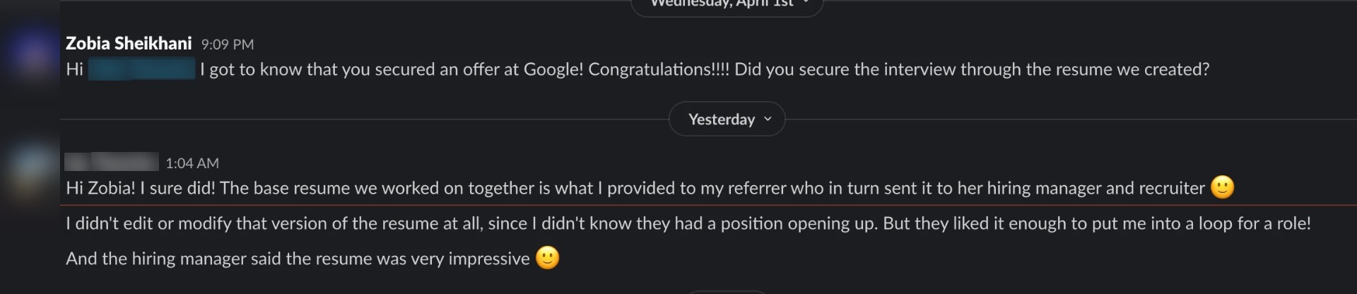 Client win screenshot 13: interview or offer after the resume rewrite